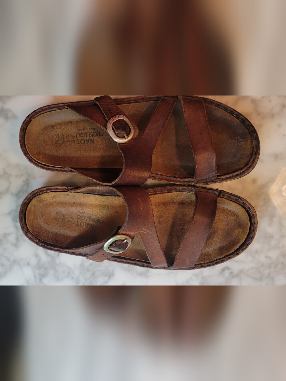 Naot Brown Leather Buckle Slide Sandals, with removable footbed for orthotics.